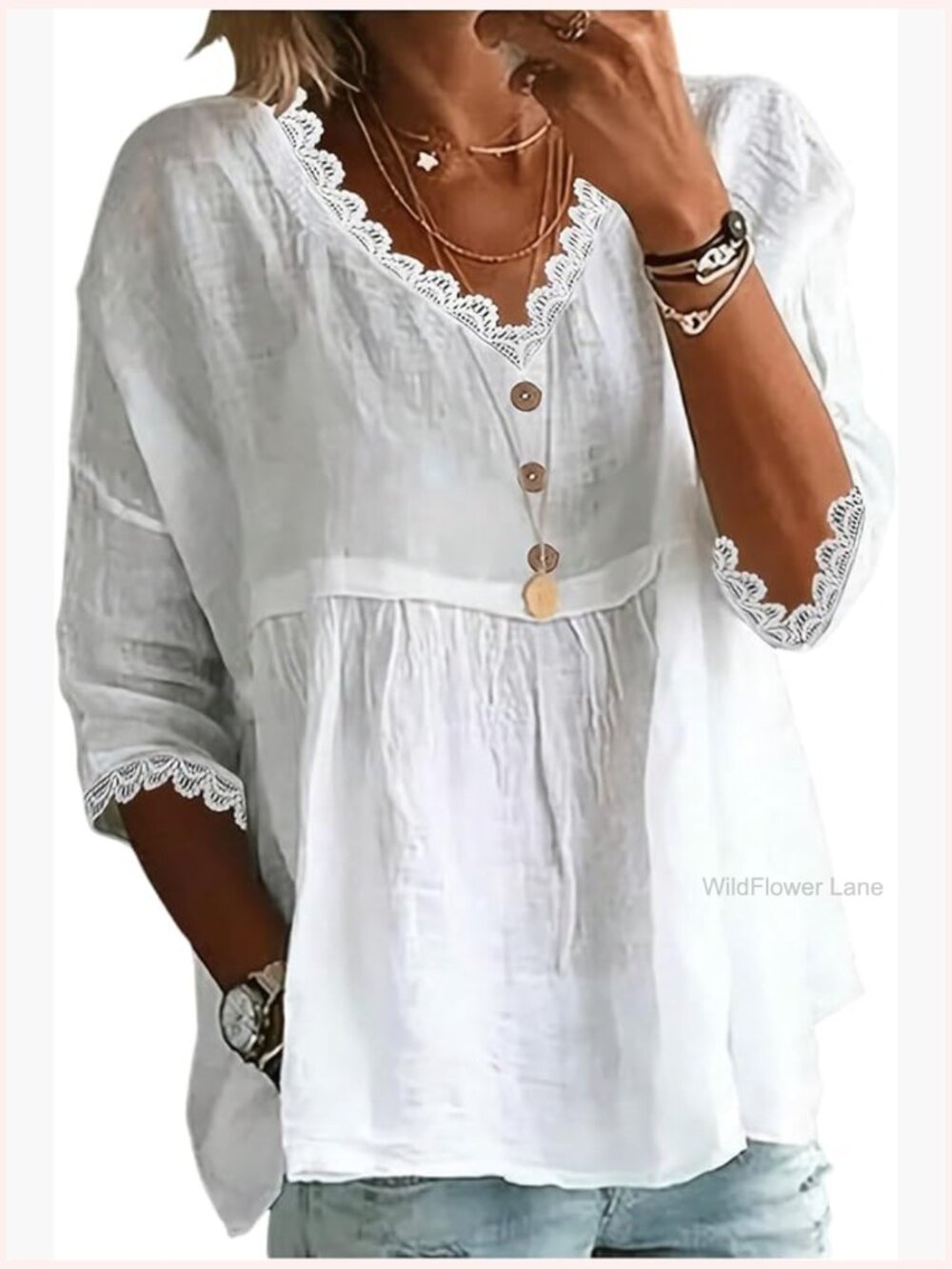 Lace 3/4 Sleeve Flowy Tunic V Neck Eyelet Peplum Blouse
